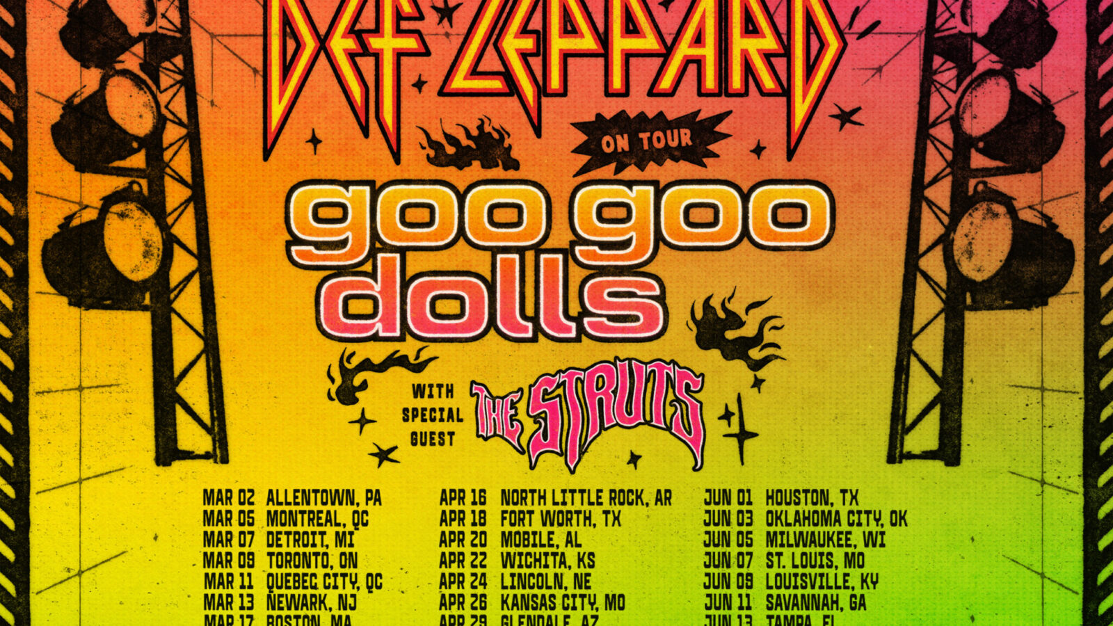 A Def Leppard 2027-es észak-amerikai turnéjának hivatalos plakátja, a Goo Goo Dolls és a The Struts nevével és a koncertdátumokkal