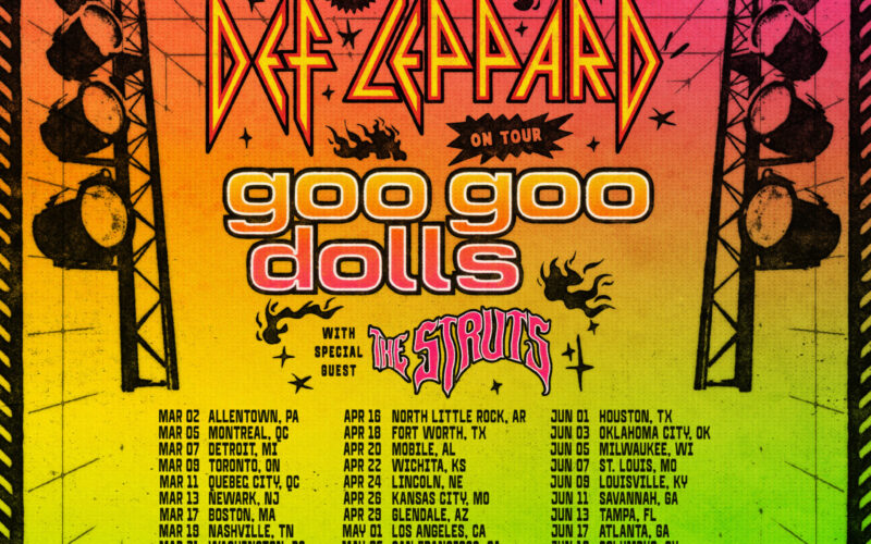 A Def Leppard 2027-es észak-amerikai turnéjának hivatalos plakátja, a Goo Goo Dolls és a The Struts nevével és a koncertdátumokkal