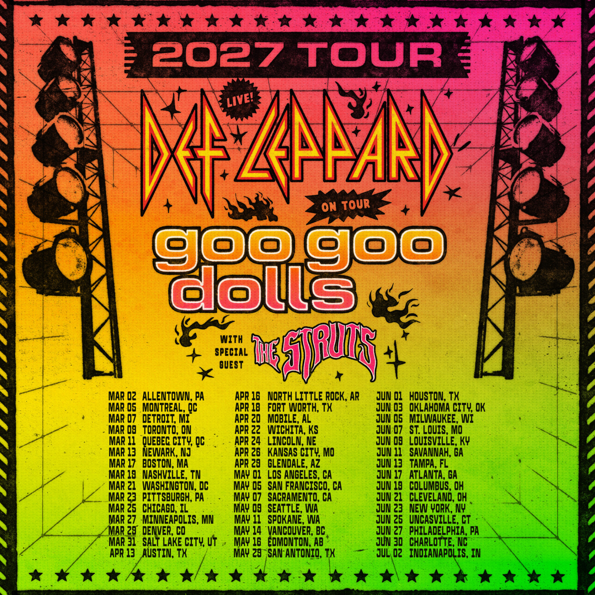 A Def Leppard 2027-es észak-amerikai turnéjának hivatalos plakátja, a Goo Goo Dolls és a The Struts nevével és a koncertdátumokkal
